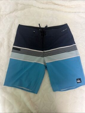 Quiksilver Men’s Navy and Bright Blue Striped Boardshorts